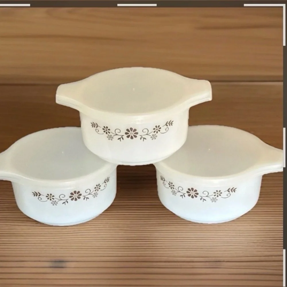 Vintage Corning Ware Spring Blossom Brown Daisy Covered Soup Bowls Set